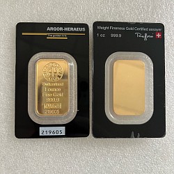 (Ali shipping)  (blank reverse) 1 oz Argor Hereaus 24k Gold Plated Bar in sealed case