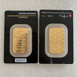 (Ali shipping)  (logo reverse) 1 oz Argor Hereaus 24k Gold Plated Bar in sealed case